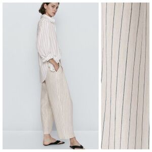 NWT. Massimo Dutti Raw 100% Linen Striped Pleated Trousers. Size 8/EUR 40.